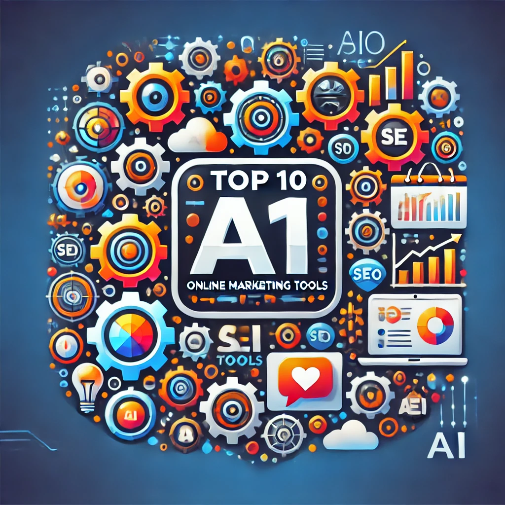 DALL·E 2024 11 29 21.14.41 A visually appealing and informative image representing the title Top 10 AI Online Marketing Tools. The image should include various elements that s