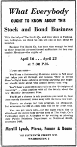 O reclama creată în 1956 pentru a promova un seminar gratuit cu vizionare de film, o discuție informativă și o sesiune de întrebări și răspunsuri bazată pe sfaturi de bază despre acțiuni 
